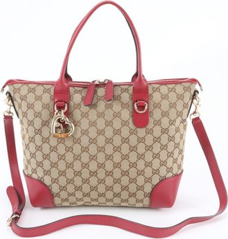 Gucci Brown Leather Canvas Shoulder Bag Tote Bag (Pre-Owned)
