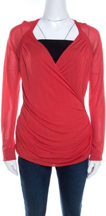 Escada Lipstick Red Stretch Knit Draped Faux Wrap Bodice Top