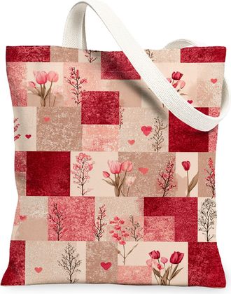 Generic Floral Canvas Tote Bag, Vintage Flower Print Reusable Grocery Bag, Lightweight Washable Shoulder Strap Canvas for Shopping, Red, 13x15 Inch