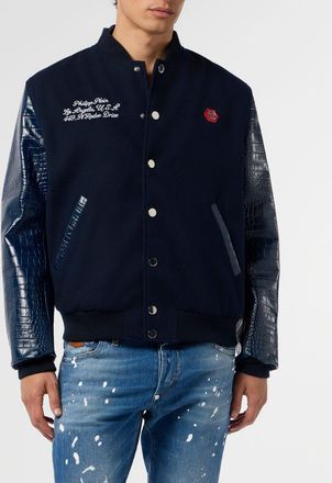 Philipp Plein Bomber Varsity in panno di lana con maniche in pelle di vitello