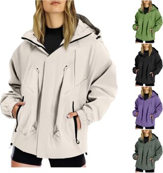 Generic Womens Lightweight Waterproof Jacket, Casual Outdoor Raincoats with Hooded, Breathable Zip Up Softshell Jackets with Pockets, for Spring Fall Winter