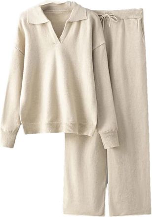 Generic Women Cashmere Turn Down Neck Knitted Sets Loose Outfits Tracksuit Outfits Pullovers Two Pieces Sweater and Pants Khaki One Size