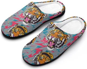 Generic Tiger with Baseball Cap Artistic Mens Slippers Slip On Comfortable Fleece Cotton House Shoes Winter
