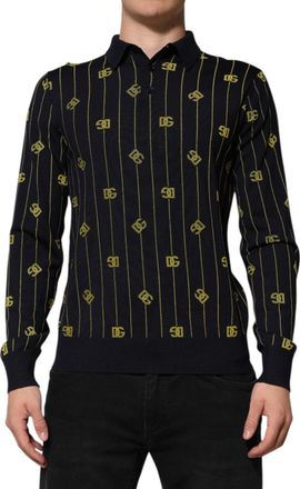 Dolce & Gabbana Mens Black Logo Jacquard Knitted Polo Shirt T-Shirt Virgin Wool