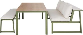 Maisons du monde Conjunto de banco de exterior de aluminio verde caqui y cojines color crudo, 1 banco y 1 mesa