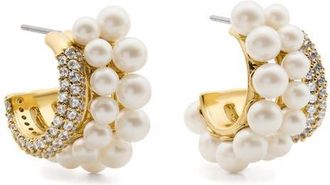 Kate Spade New York faux pearl stacked huggie hoop earrings in Cream/Gold at Nordstrom