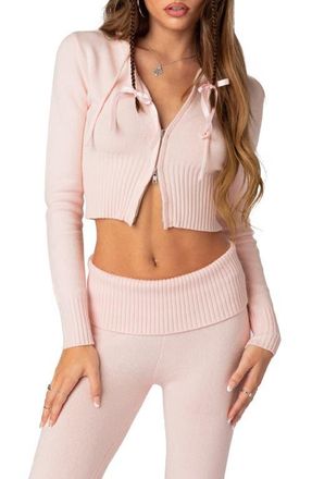 Edikted Desiree Hooded Crop Cardigan in Light-Pink at Nordstrom, Size X-Small