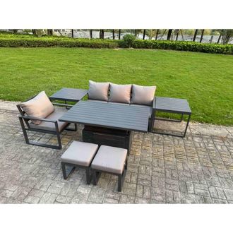 Fimous Aluminum Dining Set with Lifting Table, Chairs & 2 Side Tables in Dark Grey