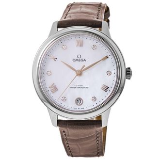Omega De Ville Prestige Co-Axial Master Chronometer 34mm Automatic Mother of Pearl Diamond Dial Leather Strap Womens Watch 434.13.34.20.55.001