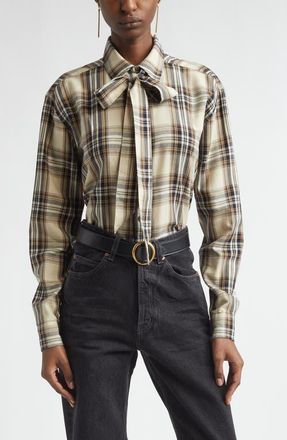 Saint Laurent Relaxed Plaid Tie Neck Button-Up Shirt in Brighton Checks at Nordstrom, Size Medium