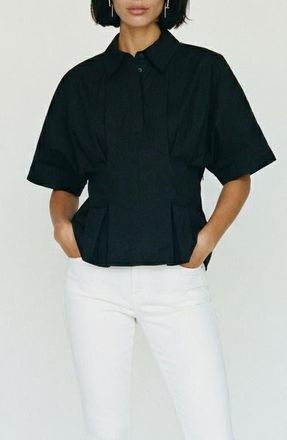 Vero Moda Pleated Button Half Placket Peplum Hem Shirt in Black at Nordstrom, Size X-Small