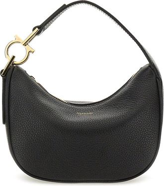 Ferragamo Crescent-Shaped Black Calf Leather Hobo Bag with Gold-Tone Clasp