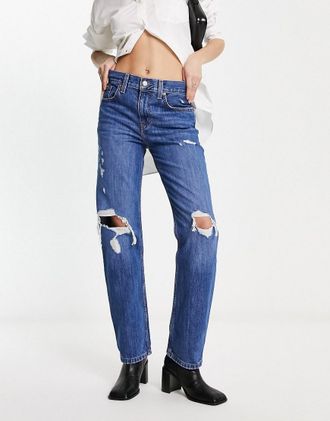 Levi's Mom jeans a vita bassa effetto invecchiato lavaggio blu scuro-Blu navy