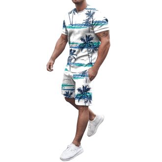 Generic Mens Tracksuit Hawaii Sports Suit Short Trousers Set 2 Piece Outfit T-Shirt with Tropical Print + Shorts Suit Running Suit Lightweight and Quick-Dryin