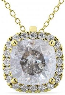 Allurez Halo Cushion Cut Salt & Pepper Diamond Necklace 14k Yellow Gold (2.27ct)