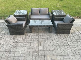 Fimous 4 Seater Outdoor Rattan Garden Furniture Set Patio Lounge Sofa Set with Coffee Table 2 Side Tables in Dark Grey