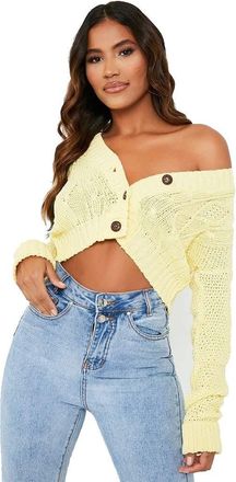 Crazy Girls Womens Ladies Long Sleeve 3 Button Cropped Chunky Aran Cable Knitted Grandad Cardigan (Yellow, Numeric_12)