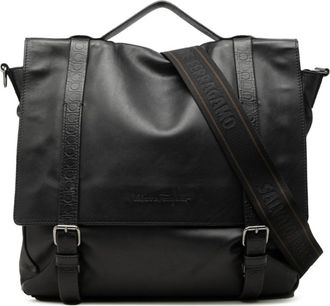 Ferragamo Gancini Black Leather Messenger Bag Shoulder Bag (Pre-Owned)