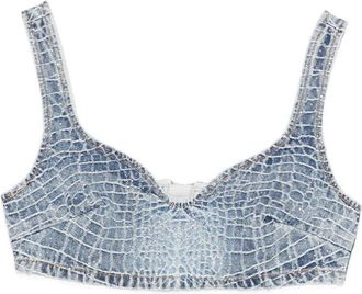 Self Portrait Rhinestone Croc Effect Denim Bralette