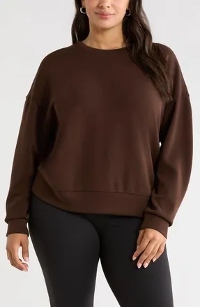 Zella Soft Luxe Boxy Knit Crew Sweatshirt in Brown Mole at Nordstrom, Size 1X