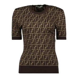Fendi Round-neck Knitwear, female, Brown, Size: 2XS Brown Cotton Slim Fit Sweater