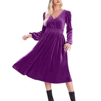 Generic Womens Elegant Velvet Dress Long Sleeve Midi Swing Dress High Waist Party Long Dresses 80s Fancy Dress Solid Pleated Dress Ladies Elegant Wedding Gues