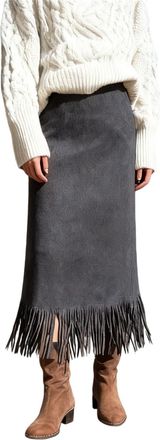 Generic Womens Fringe Trim Faux Suede Skirt, Vintage Western Retro Style, Dressy Casual, Fall Winter Midi Long Skirt with Tassel (Dark Gray,XL)