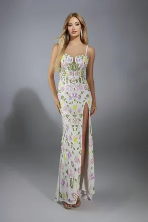 Alyce Paris Sweetheart Neckline High-Slit Gown In Ivory/multi