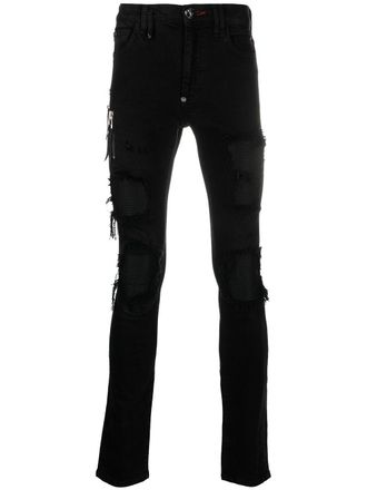 Philipp Plein Biker Destroyed skinny jeans - men - Cotton/Cotton/Polyester/Spandex/Elastane - 28 - Black