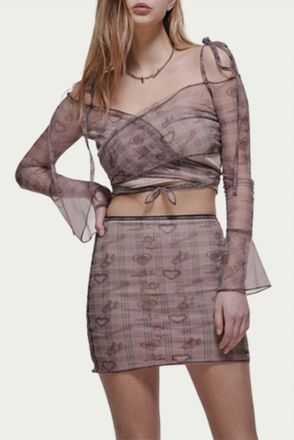 Zemeta Cupid Heart-Print Sheer Mesh Cropped Wrap Top In Taupe