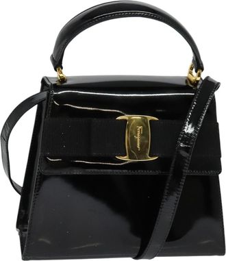 Ferragamo Vintage Vara Bow Top Handle Bag Patent Leather Black Patent_Leather Handbag (Pre-Owned)