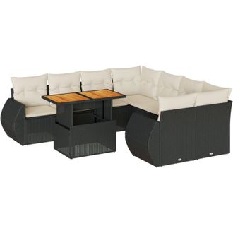 vidaXL Set De Sof&aacute;s De Jard&iacute;n Con Cojines 9 Pzas Rat&aacute;n Sint&eacute;tico Negro Vidaxl