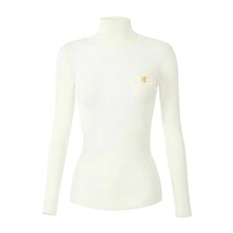 Elisabetta Franchi Gebreide coltrui met opengewerkte borduursels - Dames - Truien - Beige - Maat: XS Zijde