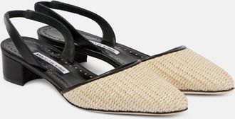 Manolo Blahnik Raffro leather-trimmed raffia slingback pumps