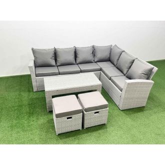 Fimous Fimous 8 Seater Garden Outdoor Rattan Furniture Set Rattan Corner Sofa Oblong Coffee Table Set with 2 Small Footstools Light Grey Mixed