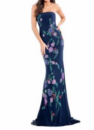 Rachel Allan Strapless Beaded Gown In Navy