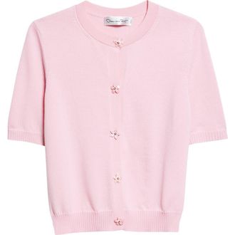 Oscar De La Renta Floral Button Crop Virgin Wool Cardigan in Pink/Pink at Nordstrom, Size X-Large