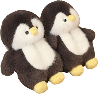 Generic Cute Penguin Fluffy Slippers for Women, Novelty Plush Animal Slippers for Winter, Soft, Warm, Comfy (Black, 6.5/7, Adult, Women, 6.5, Numeric, UK Foot