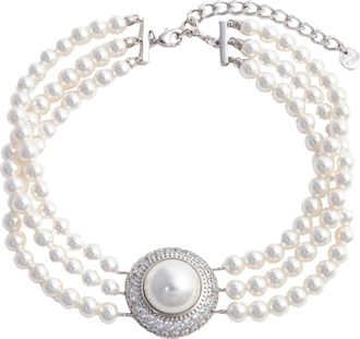Self Portrait White Choker With Crystal And Fau-pearl Embellishments In Brass Woman