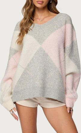 Edikted Elda Argyle Oversize Sweater in Light-Gray-Melange at Nordstrom, Size X-Small