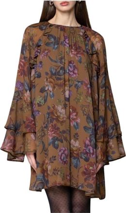 Kaos Korte Jurk met Ronde Hals en Bloemendessin - Dames - Korte kleedjes - Bruin - M - Kleedjes