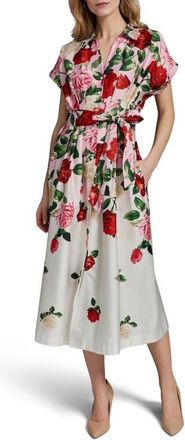 Karl Lagerfeld Placed Floral Stretch Cotton Midi Shirtdress in Cornelia Rose/Soft Whit Multi at Nordstrom, Size 14