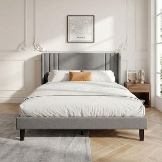 OEM Cama 160x200 - Cama Capitonada - Cabecera De Lino - Somier De Lamas Incluido - Almacenamiento Bajo La Cama De 15 Cm