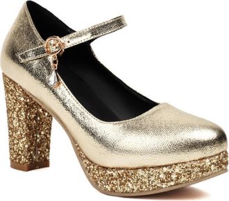 Generic Womens Mary Jane Pumps Metallic Upper Glitter Block Heel Platform Sole Adjustable Ankle Strap Crystal Charm Round Toe Cushioned Insole Durable Shiny S
