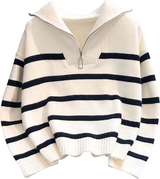 Generic RLEHJN Knitted Jumpers for Women, Half Zip Sweatshirt Women Turn-Down Collar Sweaters 1/4 Zip Striped Pullover Color Block V Neck Jumpers Long Sleeve 