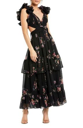 Mac Duggal Tiered Floral Chiffon Gown with Ruffle Cap Sleeves and Lace-Up Back in Black Multi at Nordstrom, Size 4