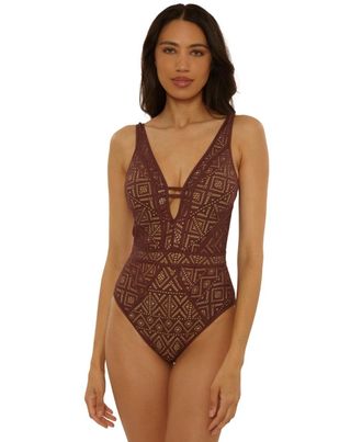 BECCA by Rebecca Virtue Color Play Swimsuits Womens Mocha Crochet Plunge One Piece GBO3609