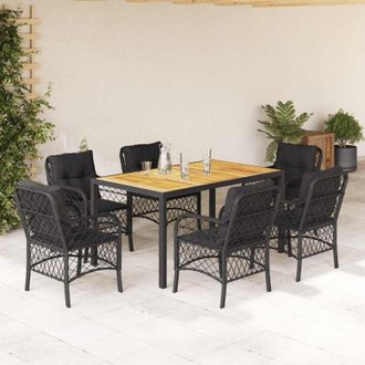 vidaXL Set De Comedor De Jard&iacute;n 7 Pzas Y Cojines Rat&aacute;n Sint&eacute;tico Negro Vidaxl