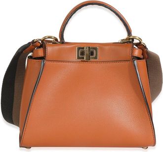 Fendi Brown Leather FF Embroidered Mini Peekaboo Iconic Satchel (Authentic Pre-Loved)