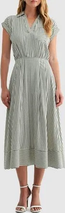 Mila Mae Stripe Collared Short Sleeve A-Line Midi Dress in Cream Black at Nordstrom Rack, Size X-Large